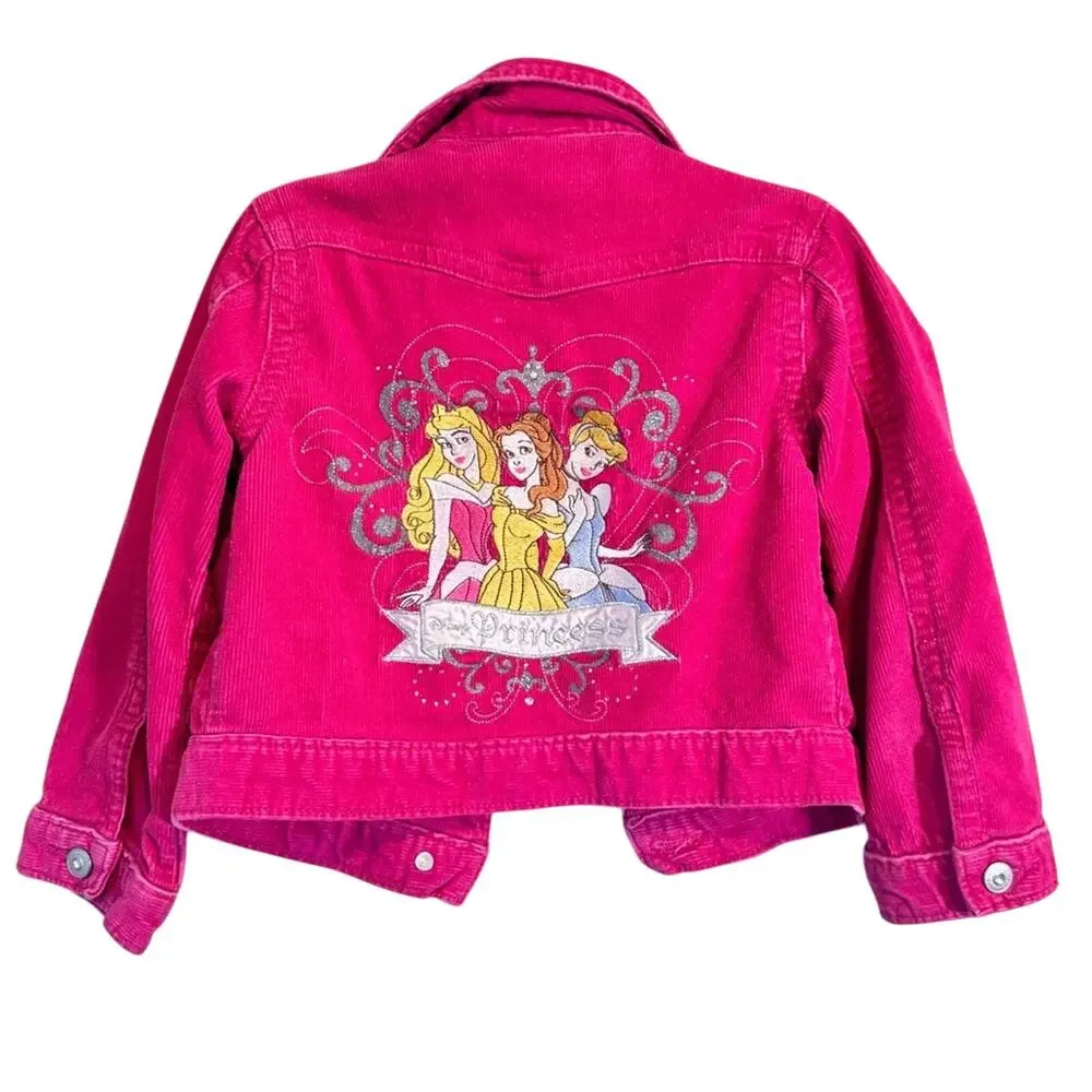 Vintage Disney Y2K Pink Glitter Corduroy Princess Embroidered Jacket Girls XS 4T